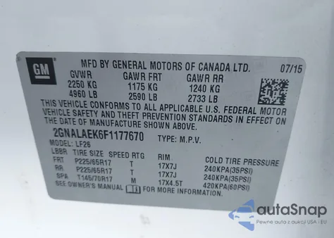 2015 Chevrolet Equinox Ls z USA, uszkodzony, nr VIN 2GNALAEK6F1177670